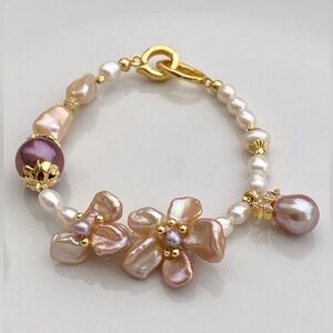 B13-Handmade Double Pink Flowers And Purple Edison Bracelet